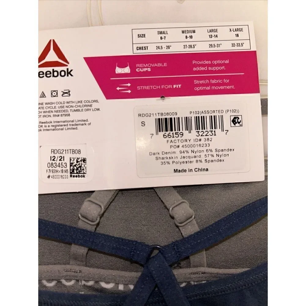 Reebok Girl's Seamless Bralettes Gray & Blue Small 6-7 Pack of 2 Lightly Padded